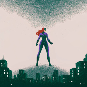 Superheroine in action pose. Long flowing red hair, tight purple bodysuit. Cityscape at night with deep blue and purple hues.