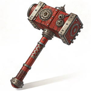 Concept artwork for Alita: Battle Angel, featuring a massive red and metallic weapon named The Hammer. Steampunk design style. Clean white background.