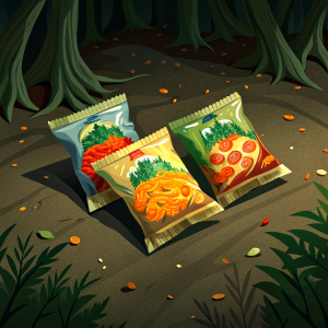 3 instant noodles packs lying on the forest floor