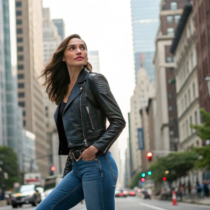 Gal Gadot as Wonder Woman in a candid shot. Cityscape backdrop. She wears blue jeans and a black leather jacket.