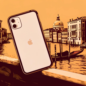 Spigen iPhone XR Case. Sleek design. Screen displays a serene Venetian canal scene. Case color: black and white with prominent Apple logo.