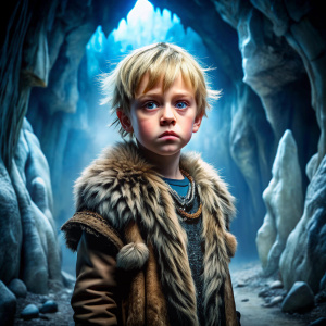 young child Blonde Dane Dehaan wearing a tribal black tiger skin pelt, aristocrat, background of a blue/grey rocky cavern with ore veins and crystals