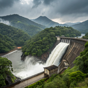 A dramatic photo of water cascading over the concrete spillway at Thenmala Reservoir in Kerala, India. The lush greenery and dense vegetation of the surrounding mountains provide a breathtaking backdrop.