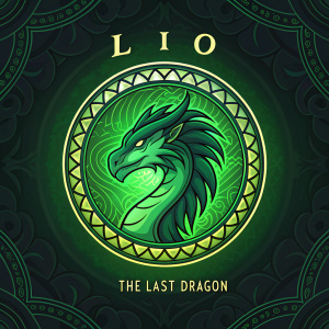 Fantasy illustration for 'Liio The Last Dragon'. Dragon's logo in vibrant green, swirls around with the text 'The Last Dragon' beneath. Dark background with intricate green patterns.