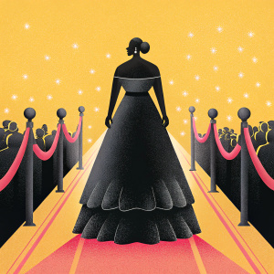 Eva Longoria at the Hollywood premiere of Grand Hotel. Wearing a black off-the-shoulder gown with intricate fringes. Crowded red carpet scene with flashing cameras.
