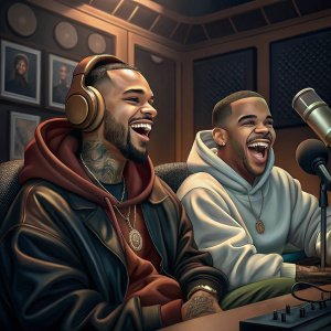 Chris Brown and Drake, hip-hop artists, laughing together at a studio session.