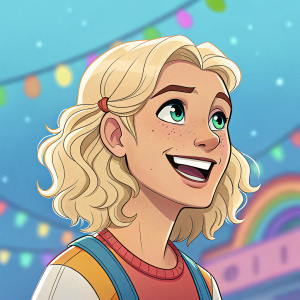 Cartoony character, smiling brightly, fair skin, blonde hair, unique facial features. Long hair styled in loose waves. Bright, colorful digital background.
