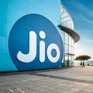 Modern design of the Jio logo. 'Jio' in sleek font, white on vibrant blue background, circular layout.