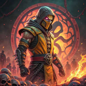 Scorpion from Mortal Kombat, in vibrant colors, amidst a digital battleground. Complex, fiery background with skull-themed patterns.