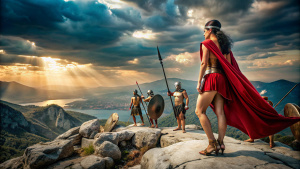 imagen completa desde una toma aérea de mujer espartana de pelo negro con casco, junto a sus mujeres espartanas, mirando desde una montaña junto a sus guerreras espartanas, las batallas épicas del Peloponeso, Foto realista, RealVisXl, cuerpo completo, musculosa, con capa roja y espada, Hiperrealista, 4k,  fuerte, fondo tormentoso.