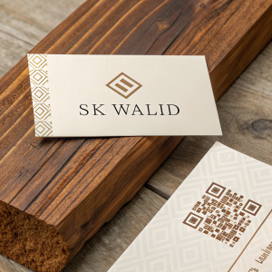 Professional business card layout for SK WALID. Elegant design featuring QR code and contact information. Set against a rustic wooden backdrop with gentle lighting