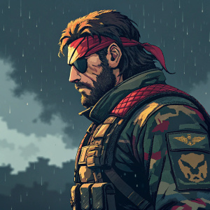 Pixelated artwork of Venom Snake from Metal Gear Solid V. Vibrant colors against a dark backdrop.