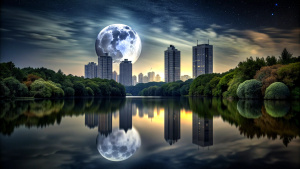  full moon at night, skyscraper city forest  still water dark night black