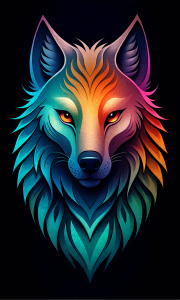 A minimalis design with a vintage touch, featuring a cool, and stylish anime wolf silhouette in faded, awesome and bright colors.  show the design on dark black background