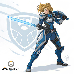 Fan art of Olivia, a female warrior from Overwatch, with a blue and silver armored suit. Tousled hair, determined stance. The Overwatch logo subtly integrated. Against a simple white backdrop.