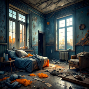 A dilapidated room with broken windows where abandoned homeless people live. 2 beds on the floor, a blanket with flowers on one of them. Everywhere is messy and dirty. The dark blue wall plaster is spilled, the brown wallpaper is peeling off on the wall on the right. A large old fan hangs from the ceiling. An old tattered orange armchair in the middle of the room. An old green suitcase and shoes next to the window. and a broken burning floor lamp. Water is dripping from the ceiling and a bucket 