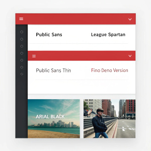 Screenshot of font samples including Public Sans, League Spartan, Public Sans Thin, Fino Demo Version, and Arial Black. Text in Spanish. Clean layout with vibrant red header.