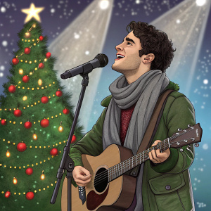 Darren Criss, Hispanic actor, performing at the eBay Toy Box holiday concert. Wearing an olive-green jacket and gray scarf. Singing with a microphone and acoustic guitar. Festive stage set with Christmas tree and stage lighting.