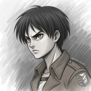 Sketch of Eren Jaeger from Attack on Titan, with short black hair and a fierce expression. The drawing is in a sketchy style, set against a monochrome background