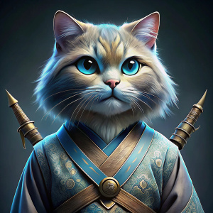 side profile, deep blue-eyed persian chinchilla cat in an exquisite grey japanese kimono with bronze detailing, holding a samurai sword; ready for action