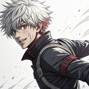 Illustration of Ken Kaneki from Tokyo Ghoul. Character's iconic hairstyle, confident facial expression, detailed line art, dynamic pose, plain white background, bold line work.