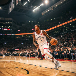 Delon Wright, player for Toronto Raptors, in white jersey with Raptors logo. Playing in an indoor arena with a packed audience.