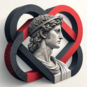 Abstract modern logo design for Hyporhenta. Black and red geometric shapes intertwine with grayscale tones, creating a statue-like figure with intricate details and curving lines. Sculptural and contemporary artistic composition