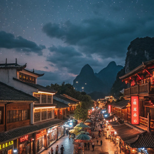 At night, a bustling Yangshuo Guilin street. Traditional wooden houses and modern skyscrapers, all aglow with vibrant lights. Cloudy, starry sky.