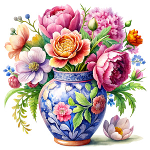 a WATERCOLOR IMAGE, Antique Ceramic Antique Vase Chinese Dragon Pattern Porcelain.THERE ARE IN THE VASE : amaranth peonies , green WEEDS ,burgundy PEONIES, orange Bougainvillea, purple dandelions ,plum geranium, Narcissus,yellow  crocusES ,mauve daffodil ,mustard roses ,amaranth Damarion s, pink tulips , pink freesia , lavender Common Crape Myrtle ,red Watsonia ,tritoma.carmine Chandramallika, burgundy VIOLETS ,SEPHIA SISYMBRIUM,CREAM CHAMOMILE , teracotta bluebell 