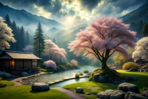 mystic backyard of a in daylight with a cherry tree with blossoms and breathtaking landscape