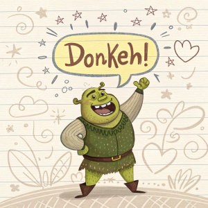 Cartoony Shrek-like figure, smiling widely with speech bubble saying 'Donkeh!'. The background is filled with whimsical, hand-drawn script, resembling a notebook page with doodles.