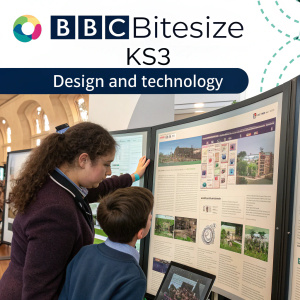 KS3 students exploring BBC Bitesize's design and technology section. Interactive website with header, main content, and footer. Rich in graphics and text.