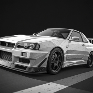Low-poly digital art of Nissan Skyline GT-R V-Spec R34. Black and white, sleek and angular lines highlighted. Focus on car's body and aerodynamic parts against dark background.