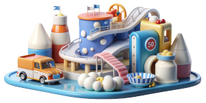 Full of childlike dreams, slides, AD calcium milk themed amusement park, buses made of bottles, trains made of bottles, milk and water amusement park