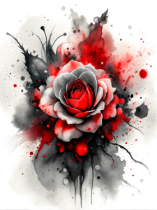 Chinese ink art mixed with red rose paintings, splashes of colored ink, colored stains, black and red tones on the empty space. white background