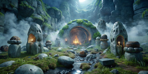 The letters STAS in a dark stone cave, stone pagan idol statues, smoke, fog, explosions, rocks, moss, cobwebs, mushrooms, dampness, grass, vines, greens, drops.