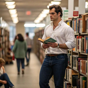 Henry Cavill, sporting a casual outfit of a white shirt and blue jeans, holding a book at the bustling city library. His presence commands attention among the shelves of knowledge.