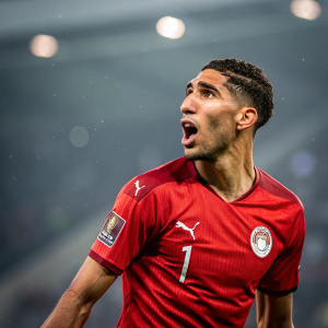 Achraf Hakimi, soccer player, intense look, dramatic pose, blurred sports arena background.