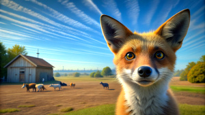Create an image of a sly-looking male fox discreetly observing other farm animals in a corner of the sunny farm, wide camera shot, cinematic, a clear blue sky, Disney style, kid story, cartoon style, drone shot,32k