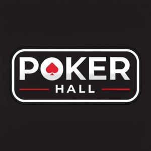Modern logo design featuring Poker Hall. Bold white and black color scheme. Streamlined, minimalist text layout.