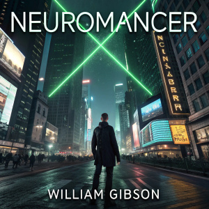 Book cover design for 'Neuromancer' by William Gibson. Futuristic cityscape at night. Neon green X pattern overlay. Author's name 'William Gibson' at the bottom in sleek font.