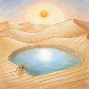 une oasis au milieu d'un desert. On distingue une aura de soleil autour