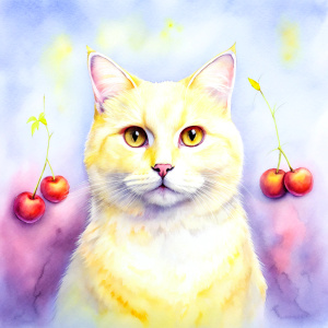 bigeye cat with enormous 
 cherry background