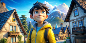 Un joven, pelo negro, ojos azules, campera amarilla, mochila negra, pantalón largo blanco, llegando al pueblo cerca de la selva. Disney Pixar 3d