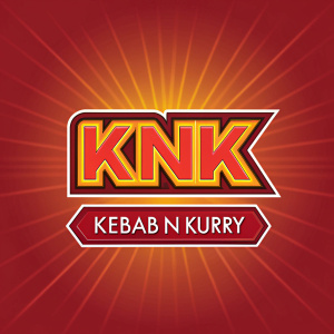 A vibrant logo of 'Kebab N Kurry' with the acronym KNK in bold, futuristic script. Set against a fiery red and radiant yellow background, the design features a sleek metallic sheen. Below, the full name in simple, modern text.