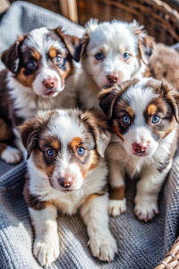 cute puppies Australian Shepherd with blue eyes playing