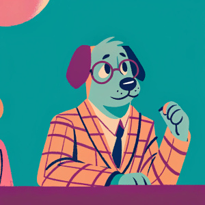 Promotional art for Kingsman: The Secret Service. A cartoon dog character, wearing glasses and a plaid jacket. Dark, muted color palette.