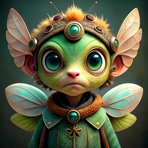 Design me a character and let it be like a fairy. Have very beautiful eyes. He has many different clothes and wings