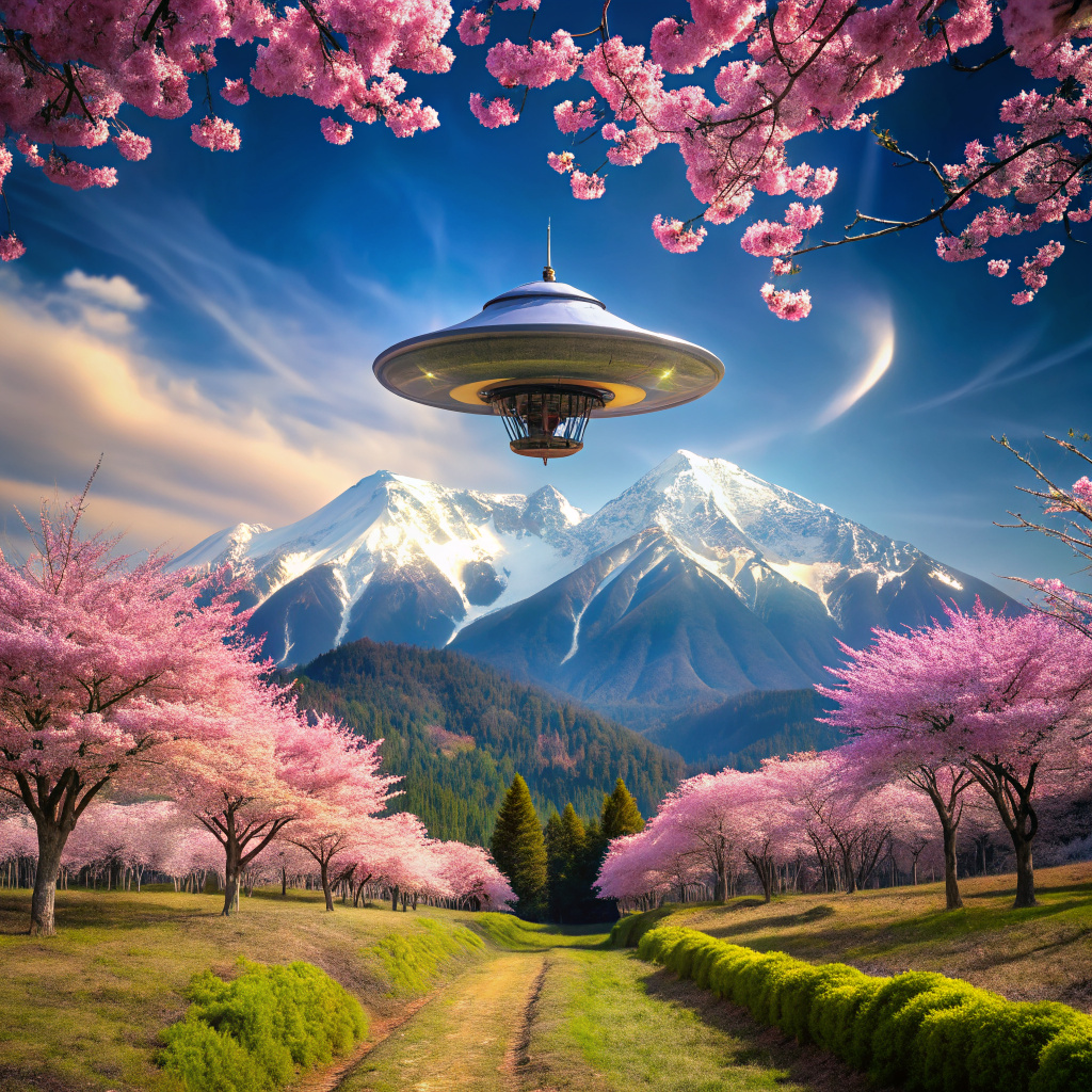 Cherry Blossom hiking trails with spaceship floating above it in the mountains
