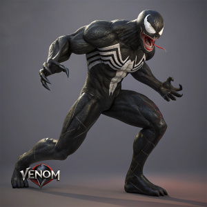A 3D render of the character Venom, inspired by comic books. Black and web-patterned, dynamic pose, gray background. Logo in lower part.